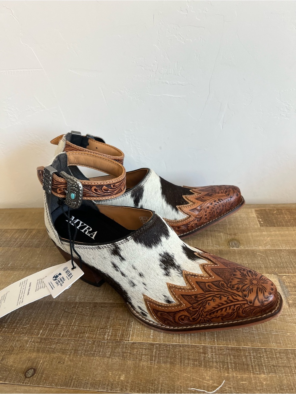 Myra Western Mule Booties Hair-On-Hide Tooled Leather Size 11